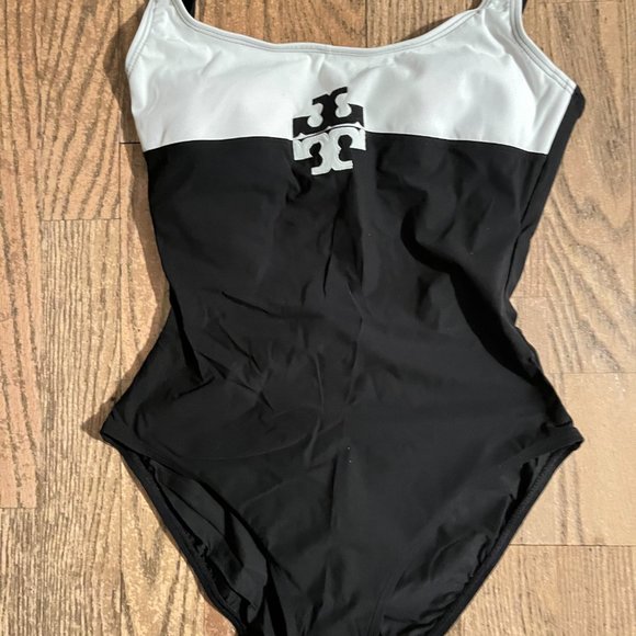NWT TORY BURCH COLOR BLOCKED LOGO TAN SWIM SUIT 1 PIECE SWIMWEAR BLACK WHITE XS - Picture 6 of 8